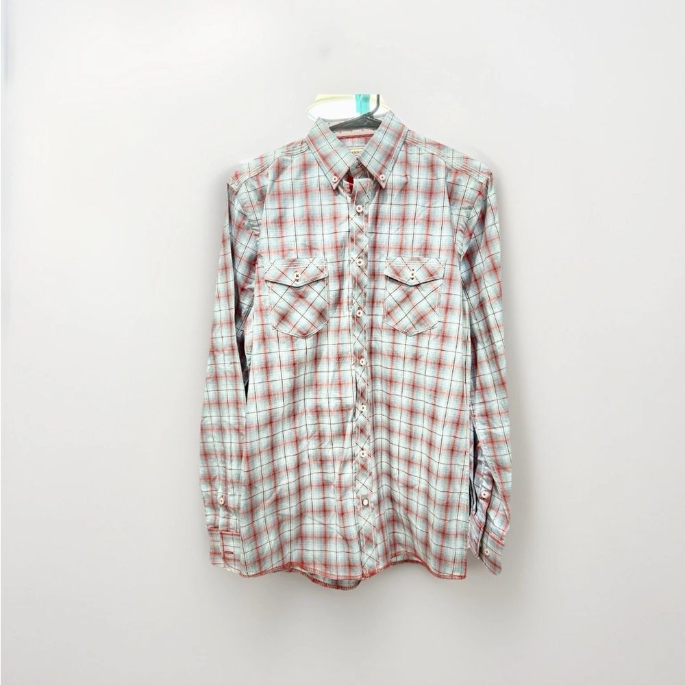 Panhandle Rough Stock Men’s Medium Slim Fit 100% cotton Blue/Red Plaid Button